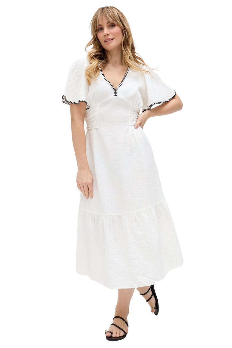 Delilah V-Neck Front Tie Midi Dress, Alternate, color, Ecru