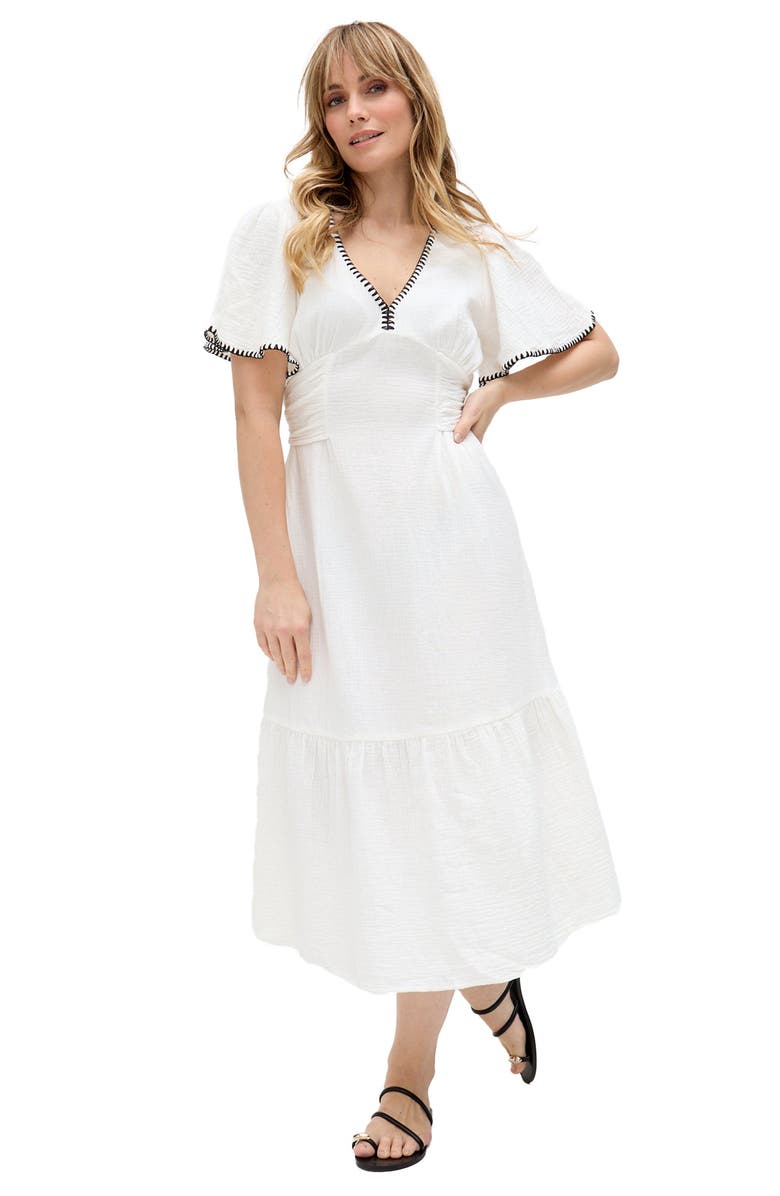 Raffya Delilah V-Neck Front Tie Midi Dress, Alternate, color, Ecru