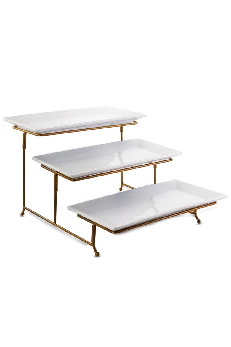 3 Tie Rectangle Porcelain Plate Set with Gold Stand, Main, color, White