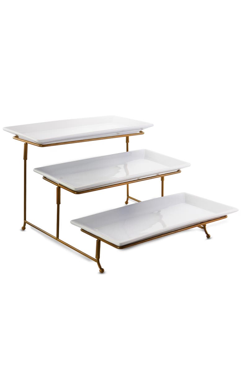 Gibson Elite Gracious Dining 3 Tie Rectangle Porcelain Plate Set with Gold Metal Stand, Main, color, White