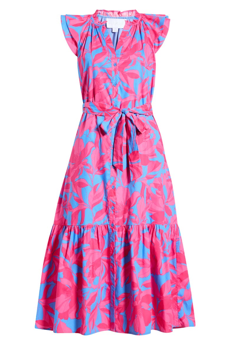 Floral Print Tie Waist Midi Dress, Alternate, color, PINK-BLUE