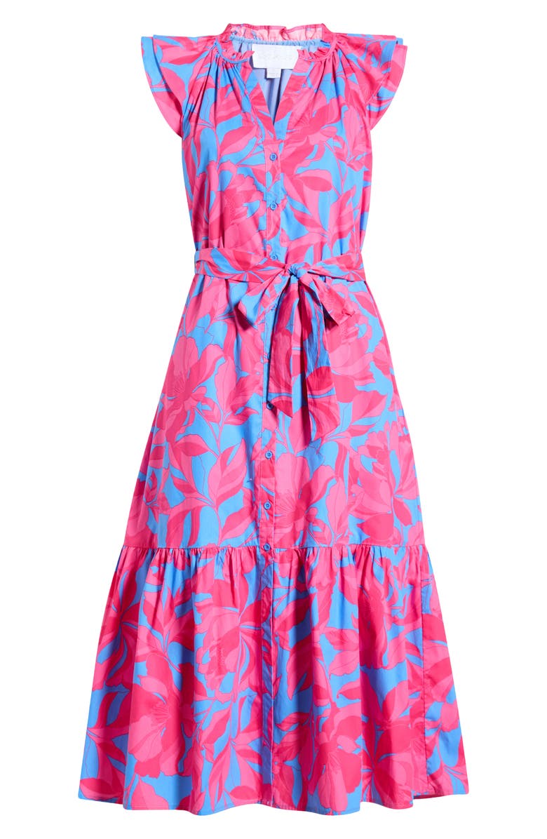 SUGARLIPS Floral Print Tie Waist Midi Dress, Alternate, color, Pink-Blue