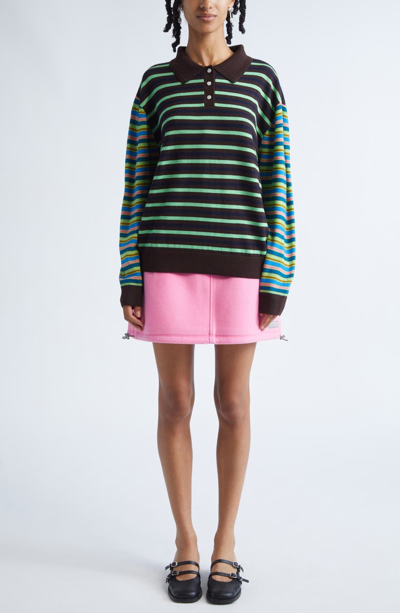 Sandy Liang Woods Mixed Stripe Merino Wool Polo Sweater, Alternate, color, Green Multi