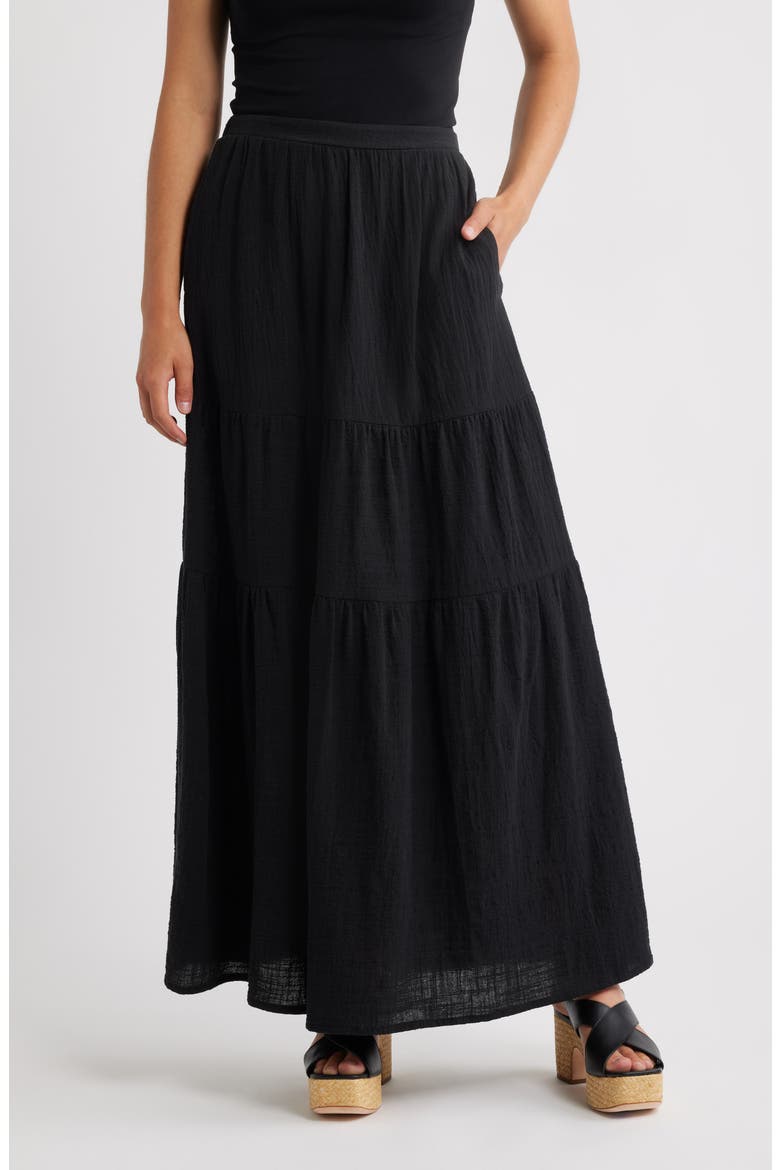 Tiered Cotton Maxi Skirt, Main, color, BLACK