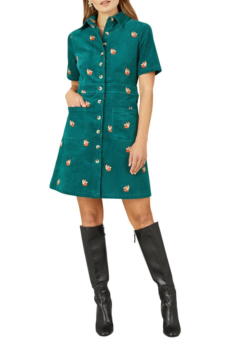 Yumi Fox Embroidered Cord Shirt Dress, Alternate, color, Teal