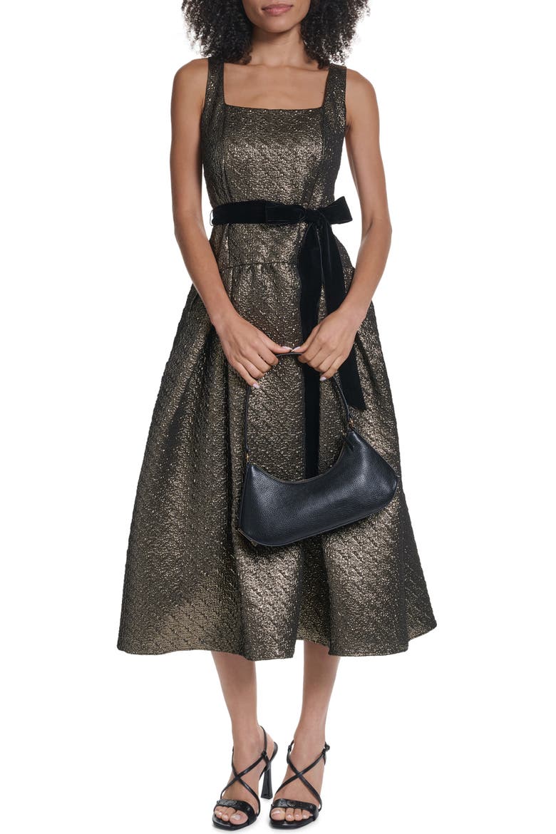 Velvet Bow Metallic Jacquard Sleeveless Cocktail Dress, Alternate, color, GOLD