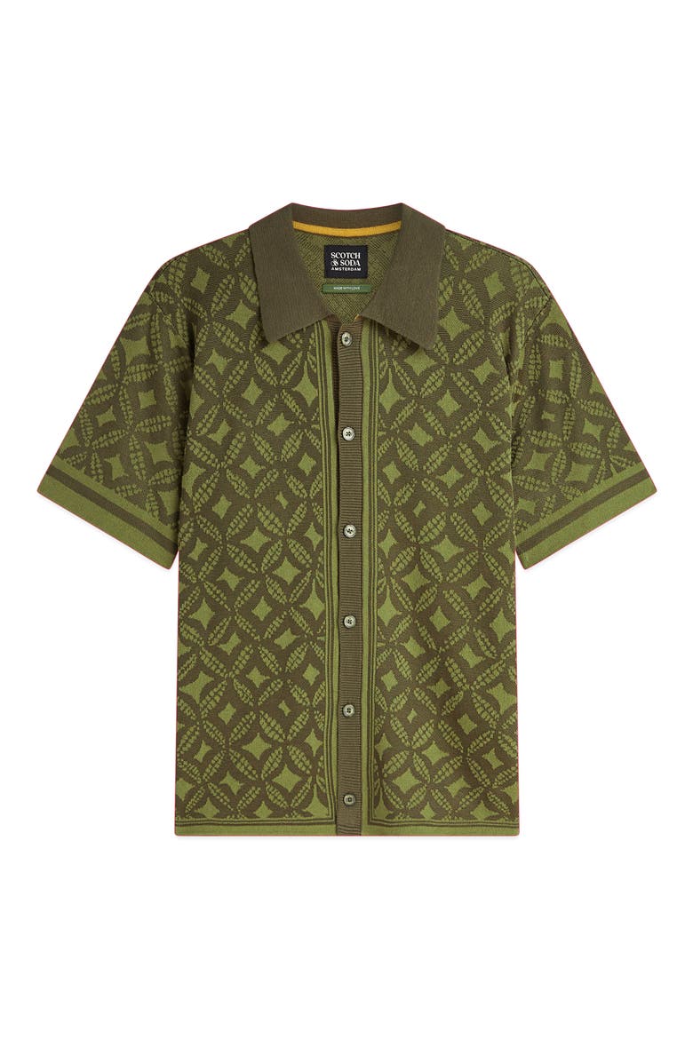 Knit Short Sleeve Button-Up Shirt, Alternate, color, TILES FLOWER OLIVE NIGHT