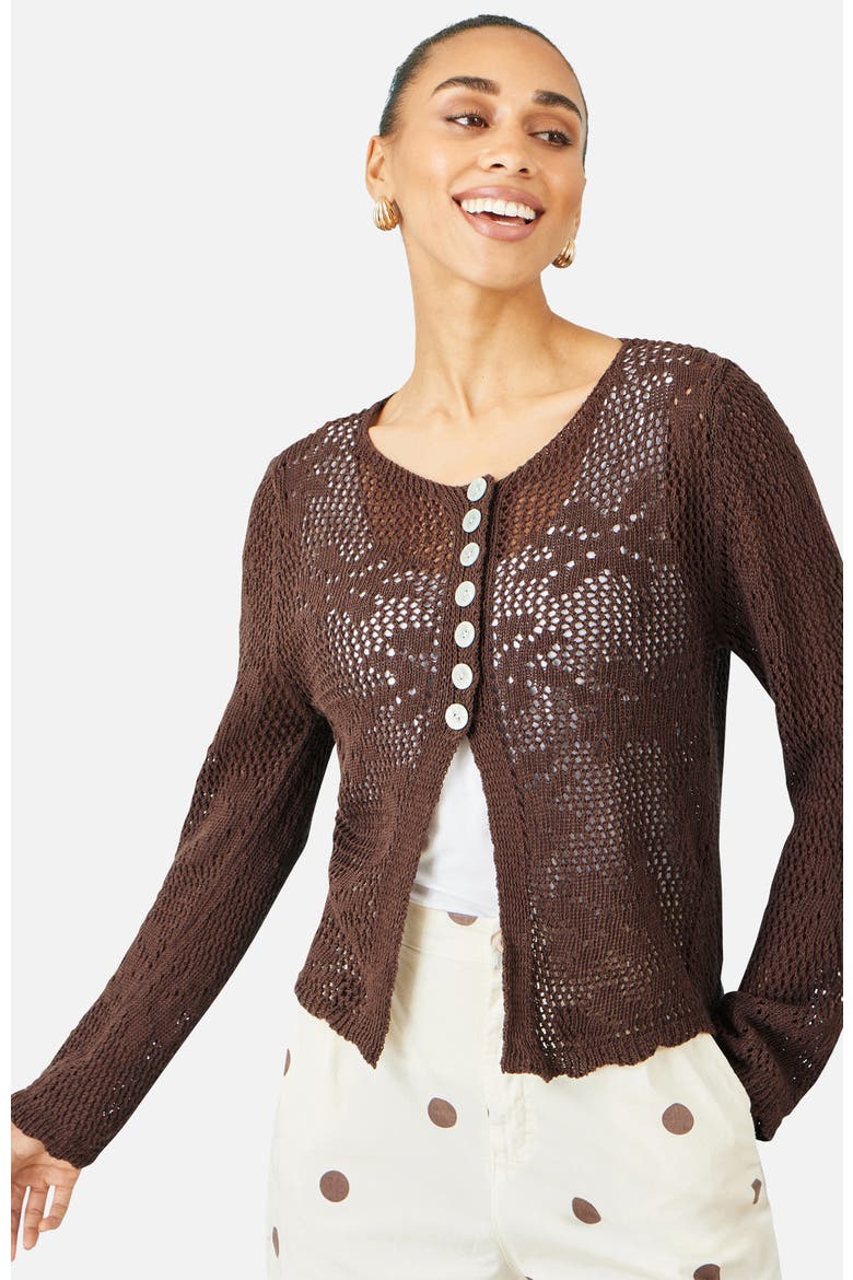 Flower Crochet Button Up Cardigan, Alternate, color, Brown