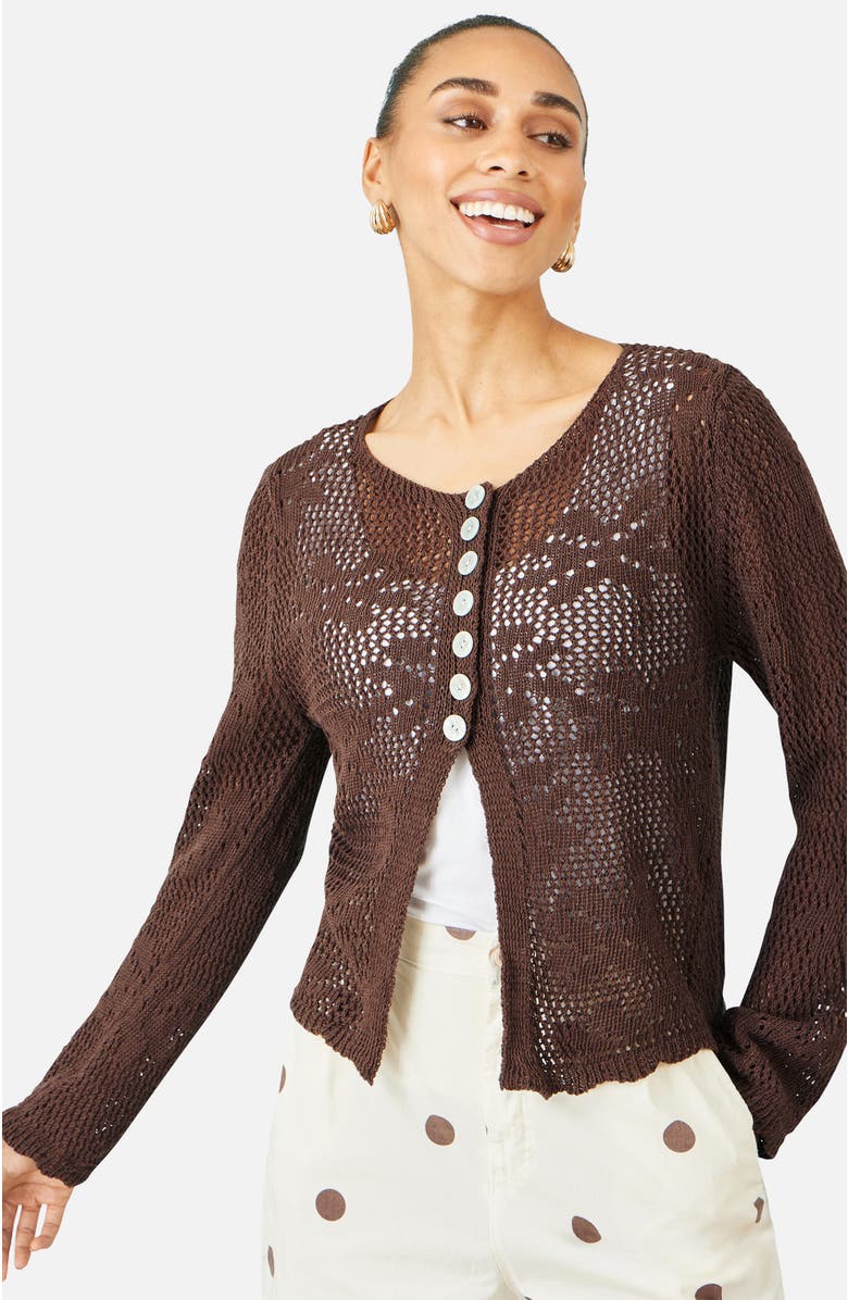 Yumi Flower Crochet Button Up Cardigan, Alternate, color, Brown