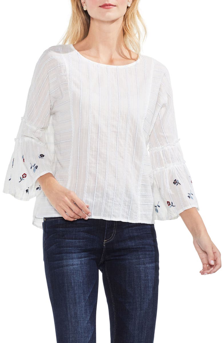 Vince Camuto Ruffle Bell Sleeve Stripe Embroidered Blouse, Main, color, 