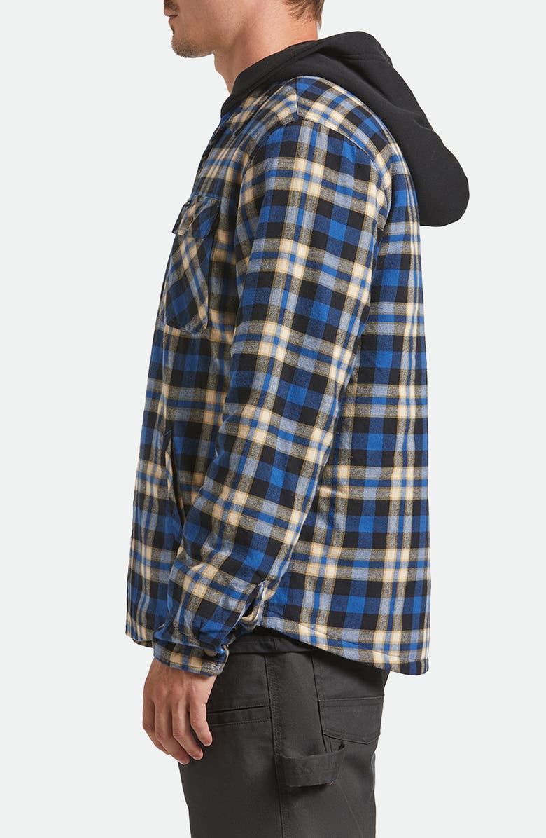 Brixton Bowery Quilted Hooded Plaid Flannel Snap-Up Jacket, Alternate, color, Navy/ Cream