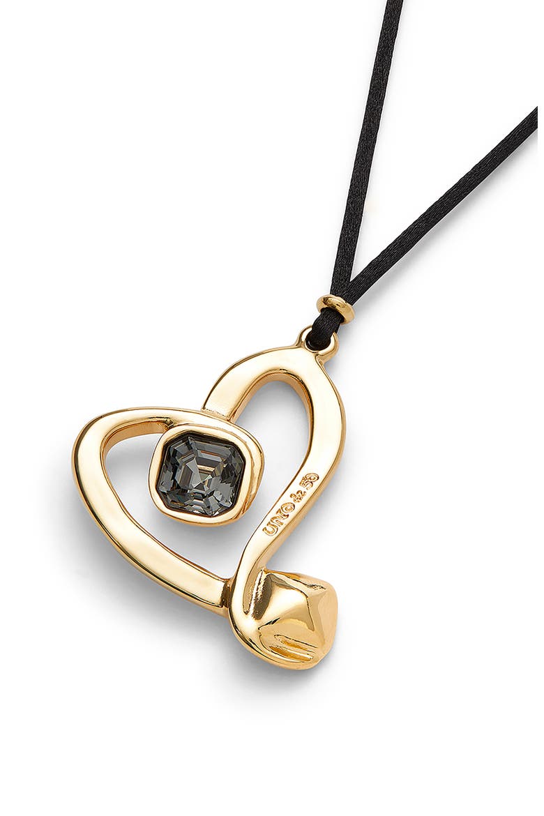 Long Pendant and Central Heart with Black Crystal, Alternate, color, Gold