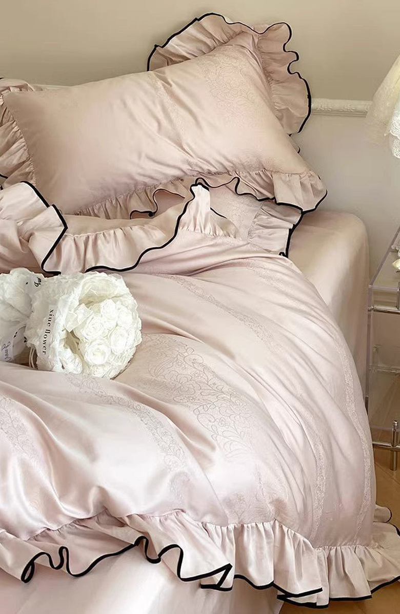 Ever Lasting Silky Ruffle Bedding Set, Alternate, color, Rust Pink, Flat