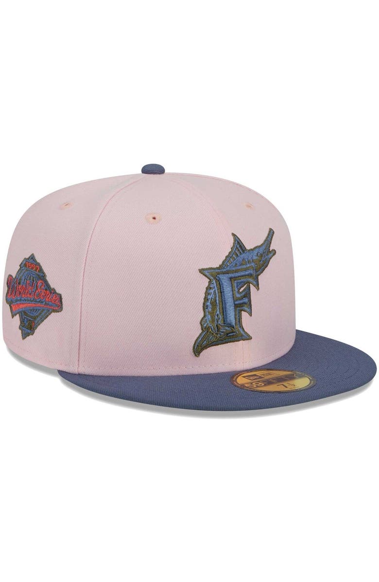 New Era Men's New Era Pink/Blue Florida Marlins Cooperstown Collection Olive Undervisor 59FIFTY Fitted Hat, Alternate, color,