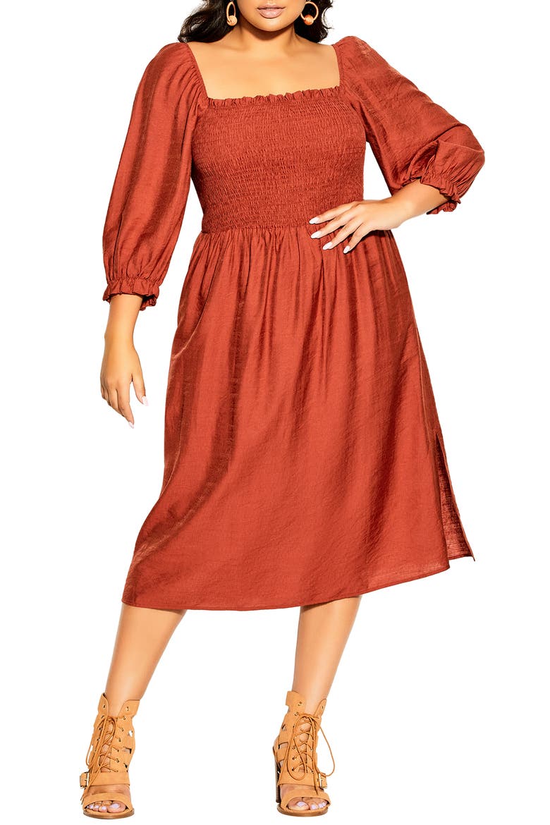 Fearless Smocked Long Sleeve Midi Dress, Main, color, CARAMEL