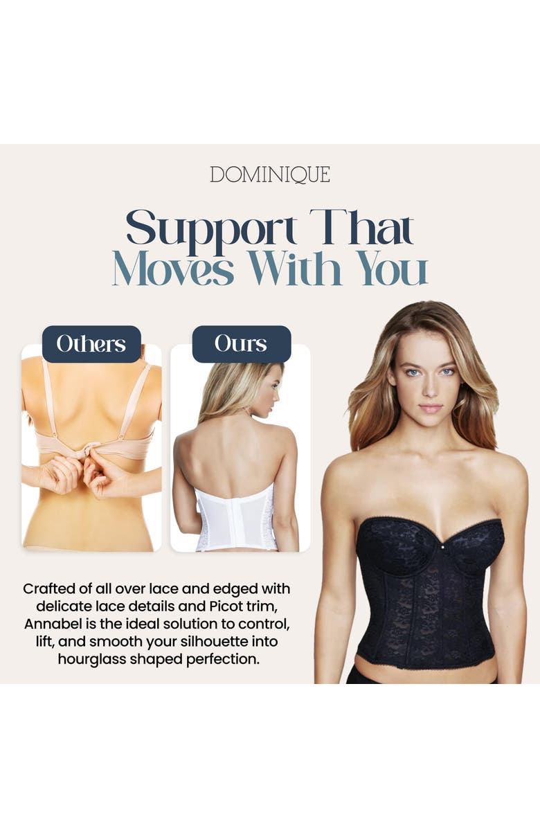 Dominique Intimates Annabel Strapless Lace Longline Bridal Bra with Detachable Garters, Alternate, color, Black