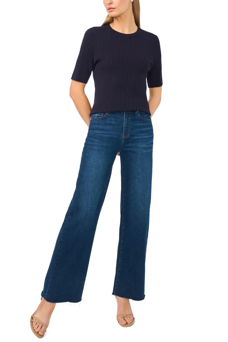Pointelle Stitch Short Sleeve Sweater, Alternate, color, NIGHT SKY