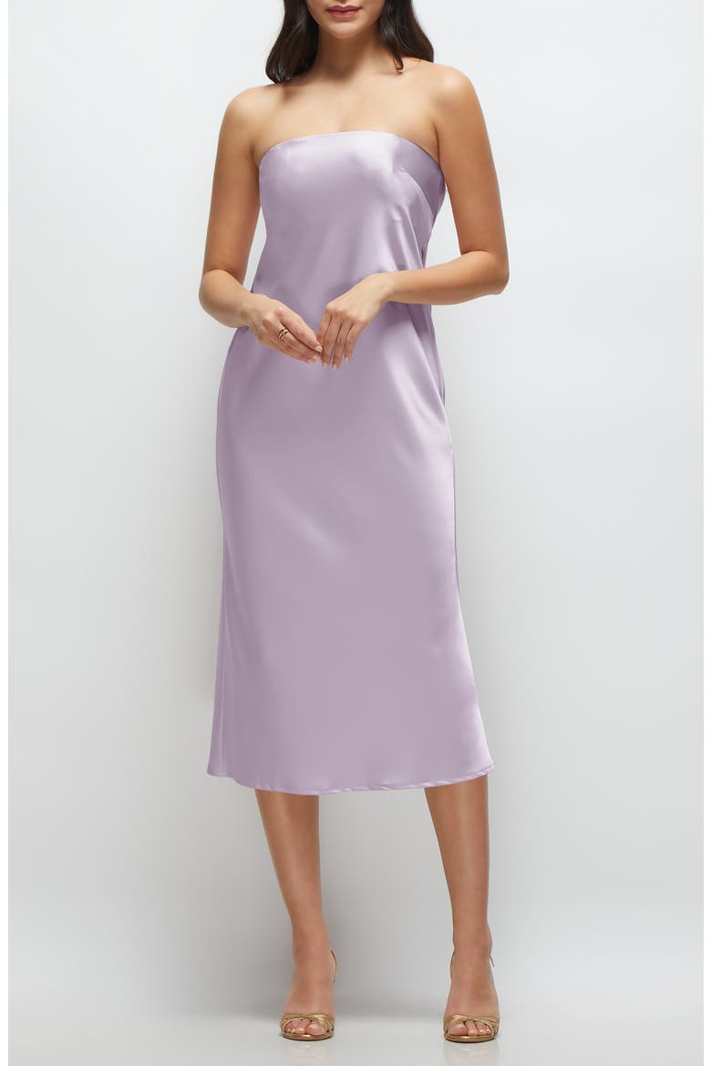 Strapless Charmeuse Midi Cocktail Dress, Main, color, LILAC HAZE