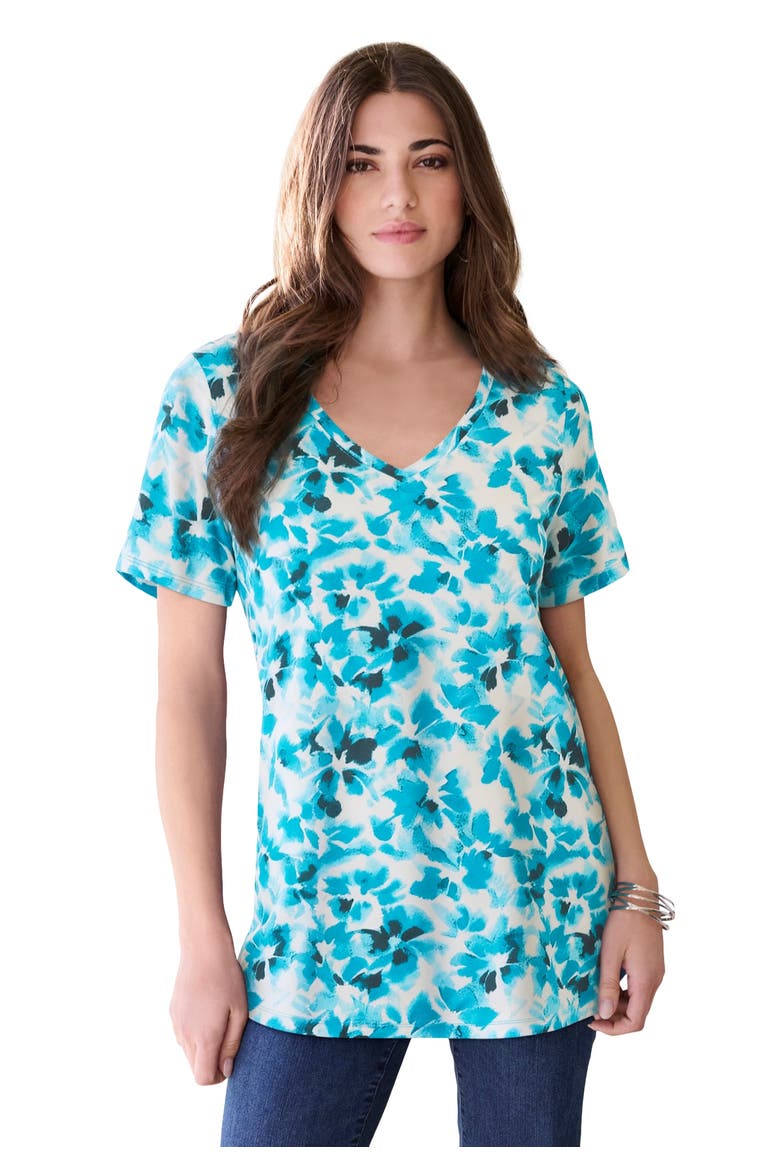 Plus Size Cotton Ultimate V Neck Tee, Main, color, DEEP TURQ TIE DYE FLORAL