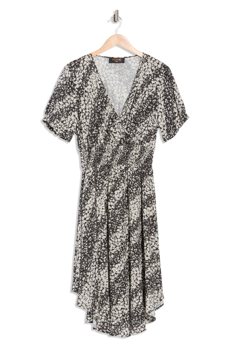 Short Sleeve Smocked Waist Midi Dress, Alternate, color, BLACK/ IVORY