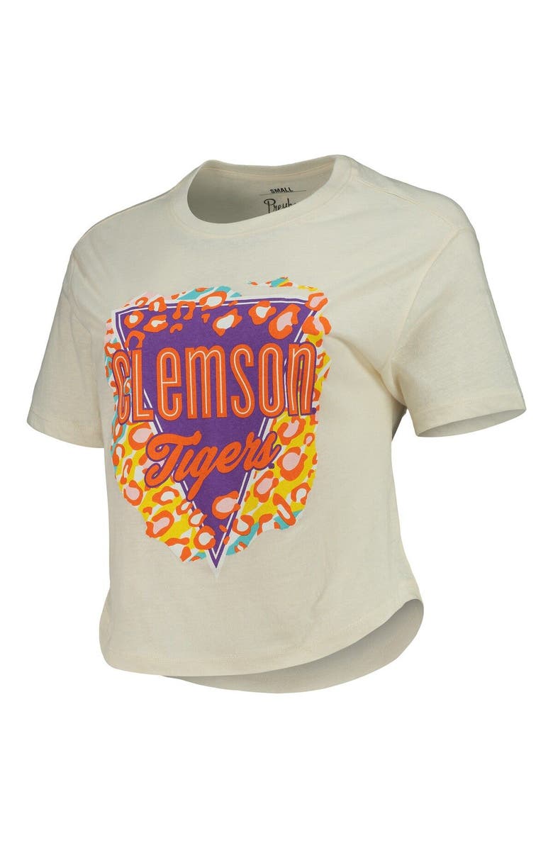 PRESSBOX Women's Pressbox Cream Clemson Tigers Taylor Animal Print Cropped T-Shirt, Alternate, color,
