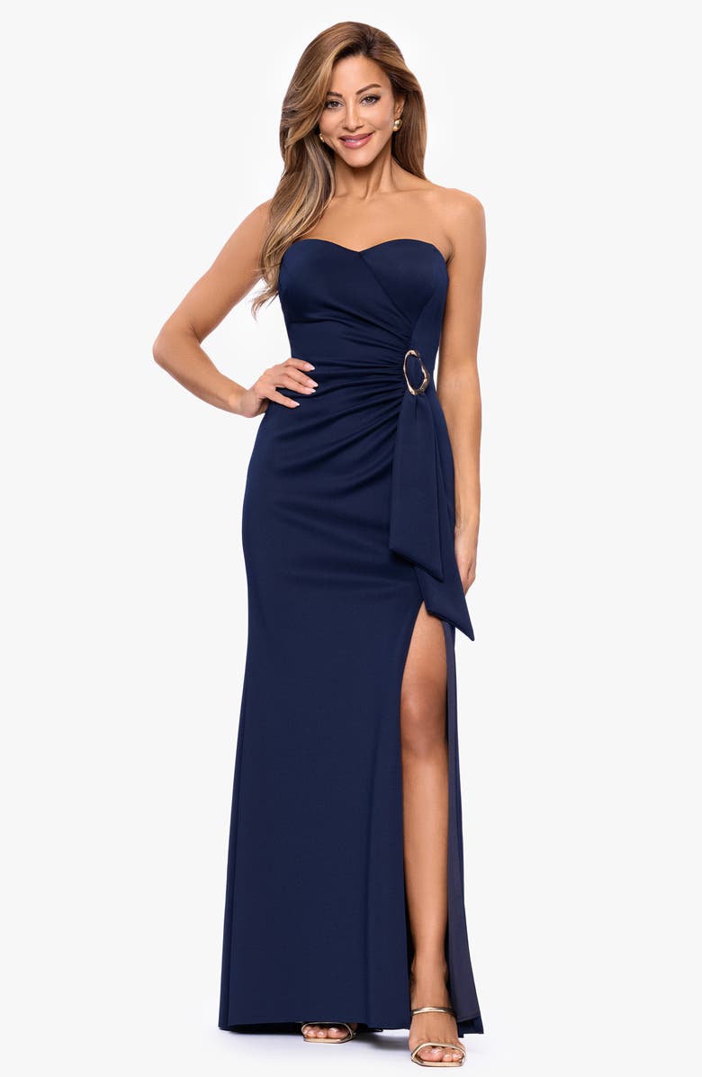Xscape Evenings Belt Detail Strapless Scuba Gown, Alternate, color, Midnight