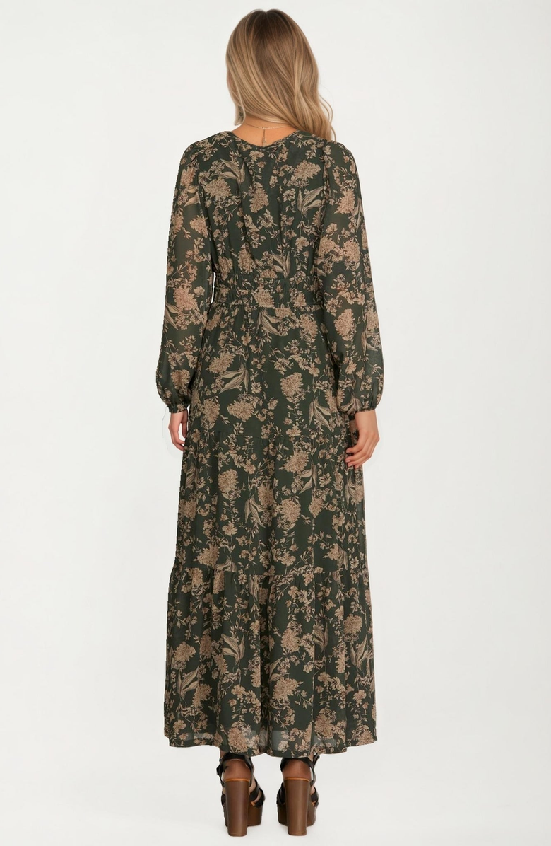Knit and Lounge Long Sleeve Maxi Dress with Smocked Waist, Alternate, color, Dark Green / Floral