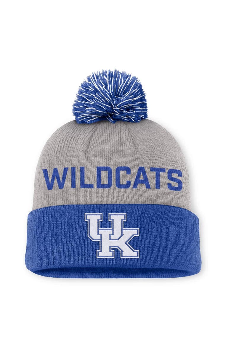 Nike Men's Nike Gray/Royal Kentucky Wildcats Primetime Peak Cuffed Knit Hat with Pom, Main, color, Gray
