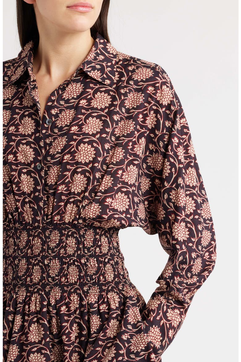 Shirred Floral Mini Shirtdress, Alternate, color, DARK CAROB