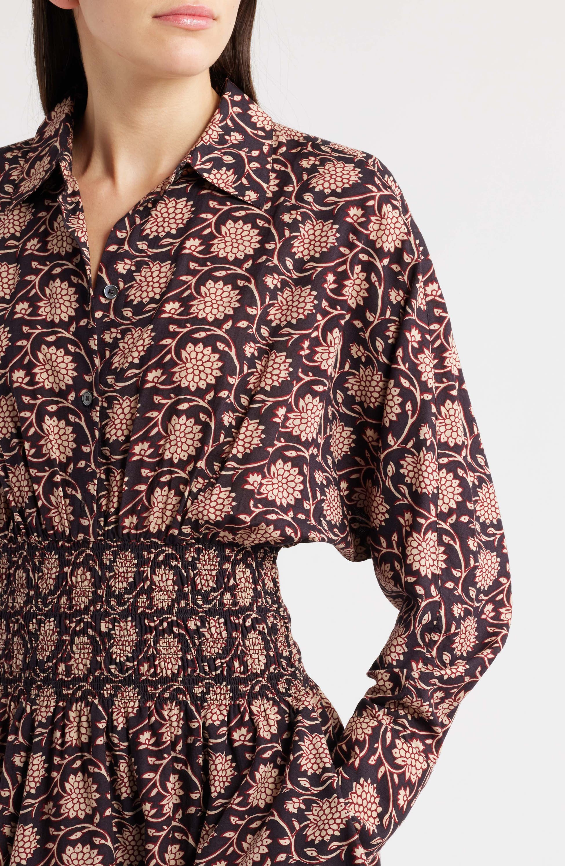 Shirred Floral Mini Shirtdress