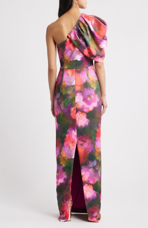 Black Halo Egan Puff Sleeve One-shoulder Gown In Rose Fields