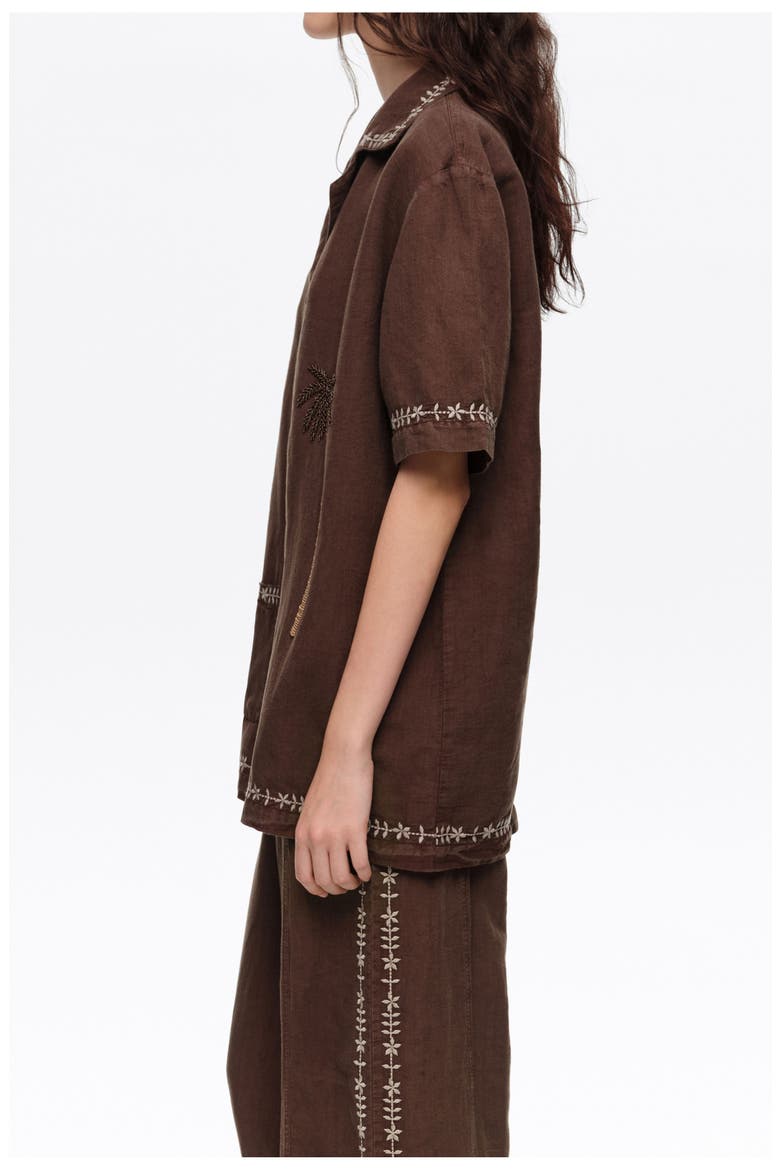 Linen Palm Tree Embroidered Shirt, Alternate, color, BROWN