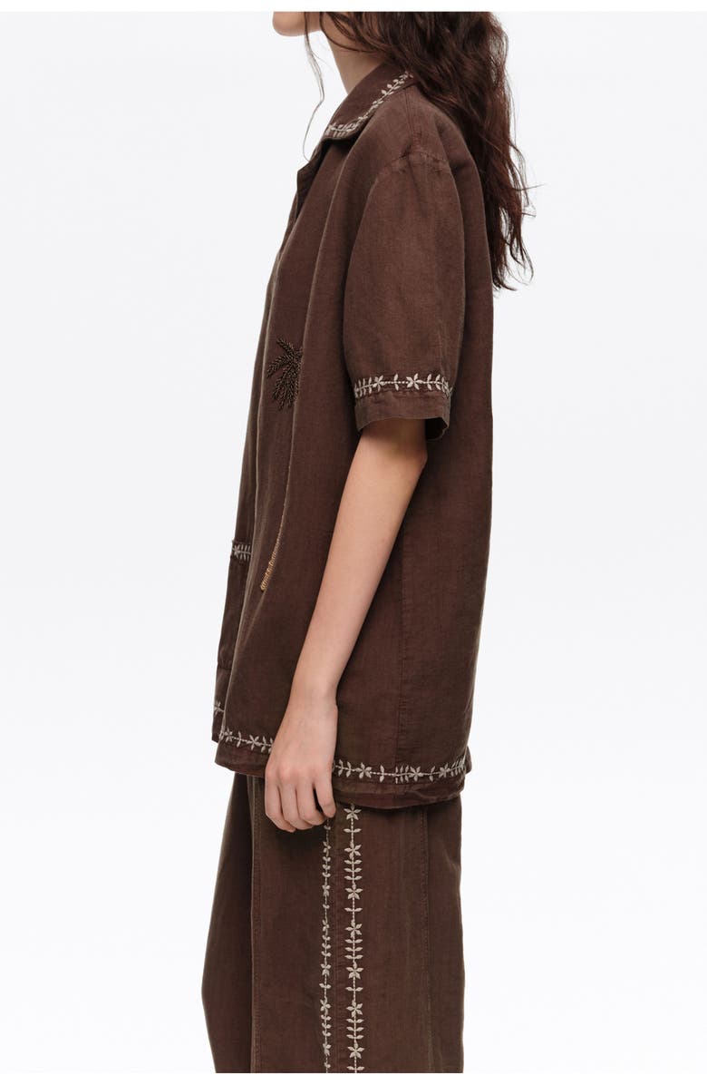 Bimba y Lola Linen Palm Tree Embroidered Shirt, Alternate, color, Brown