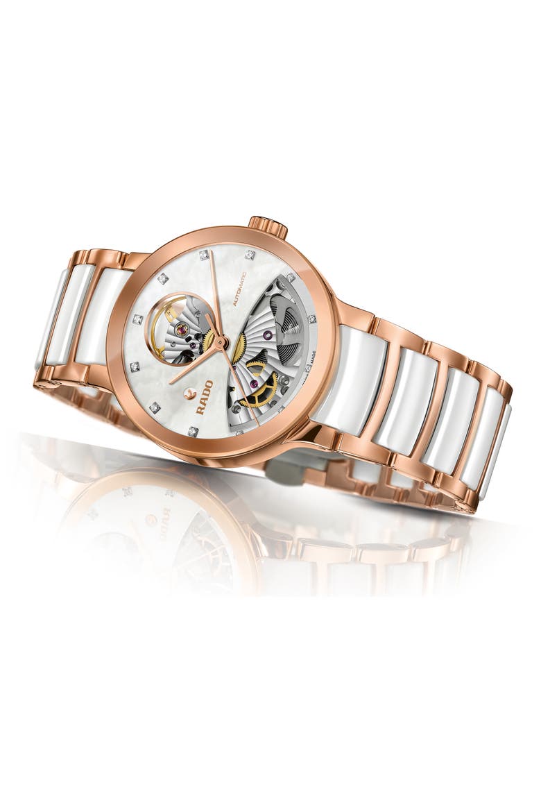 Centrix Open Heart Automatic Diamond Ceramic Bracelet Watch, 33mm, Alternate, color, WHITE/ MOP/ ROSE GOLD