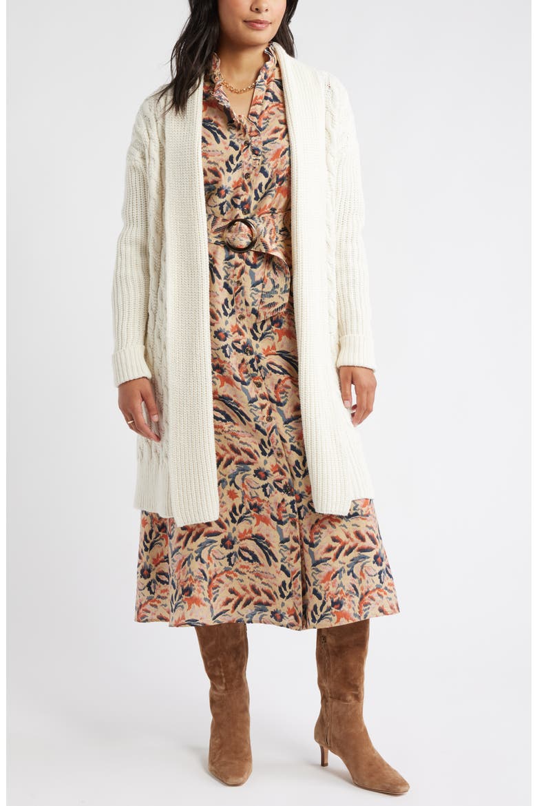 Ruffle Belted Long Sleeve Maxi Dress, Alternate, color, TAN- NAVY IKAT BLOSSOM