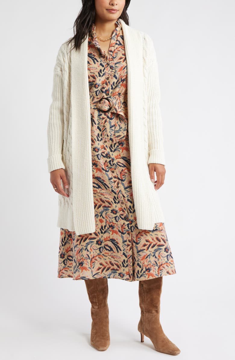 Caslon<sup>®</sup> Ruffle Belted Long Sleeve Maxi Dress, Alternate, color, Tan- Navy Ikat Blossom