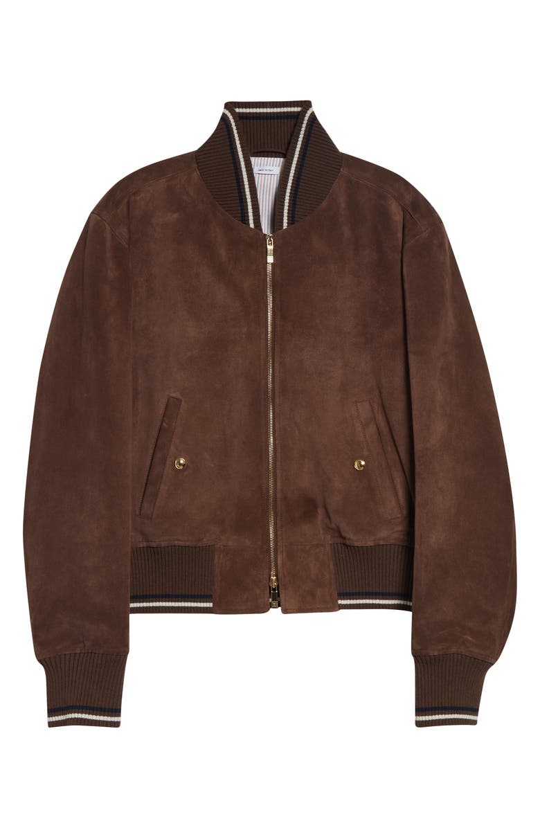 Thom Browne Suede Bomber Jacket, Main, color, Dark Brown