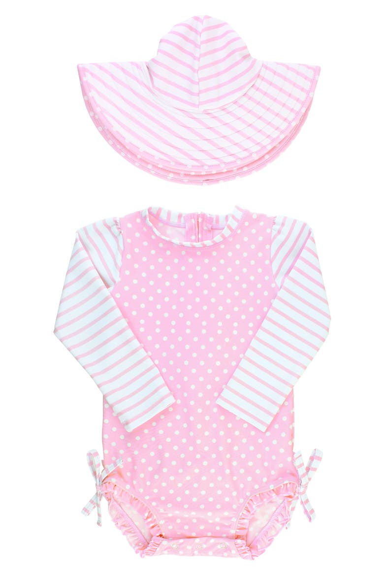 Polka Dot One-Piece Rashguard Swimsuit & Sun Hat Set, Main, color, PINK