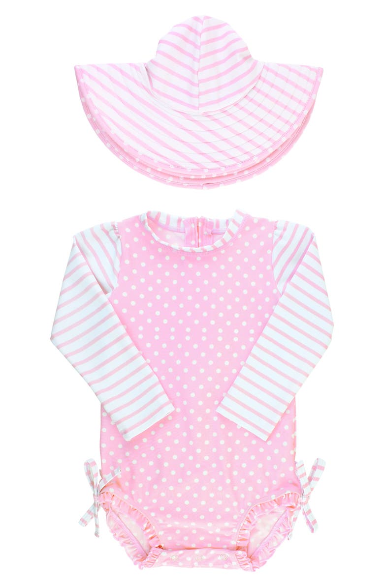 RuffleButts Polka Dot One-Piece Rashguard Swimsuit & Sun Hat Set, Main, color, 