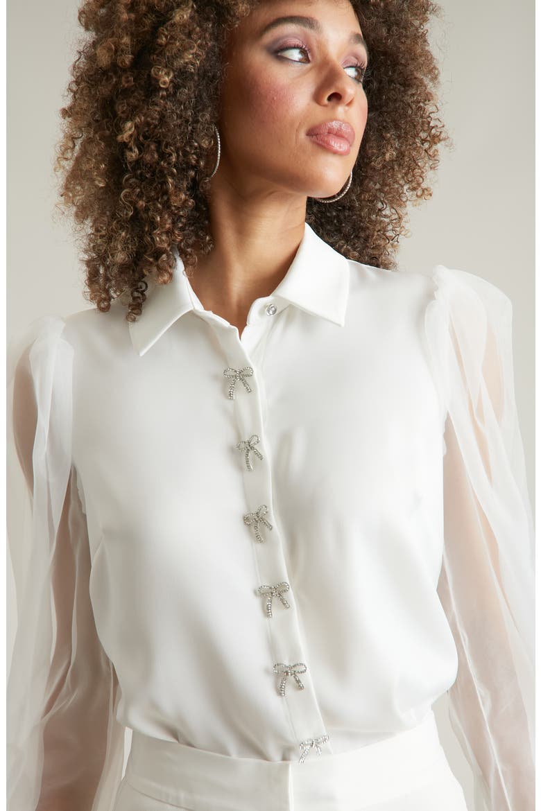 Rhinestone Bow Organza Sleeve Satin Shirt, Alternate, color, IVY/ WHITE
