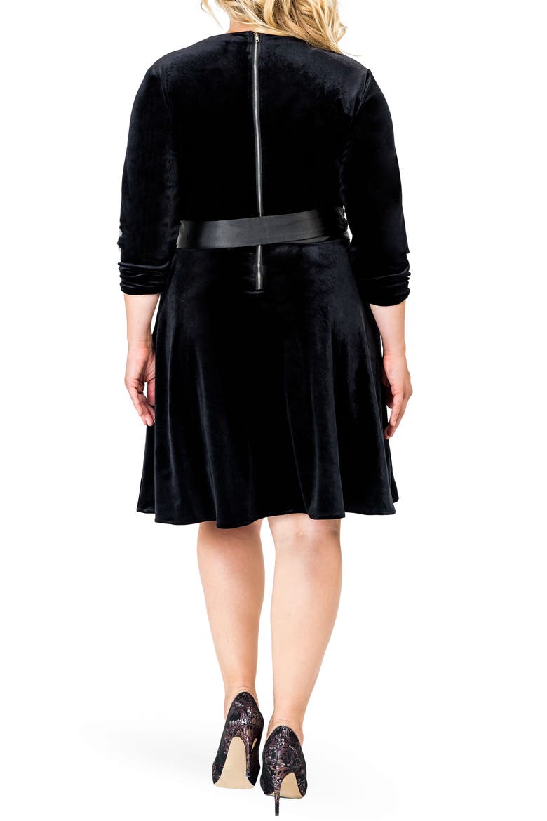 Millie V-Neck Stretch Velvet Fit & Flare Dress, Alternate, color, BLACK