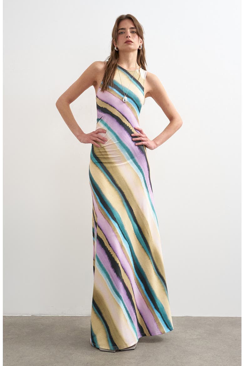 Ruched Stripe Sleeveless Maxi Dress, Main, color, LILAC