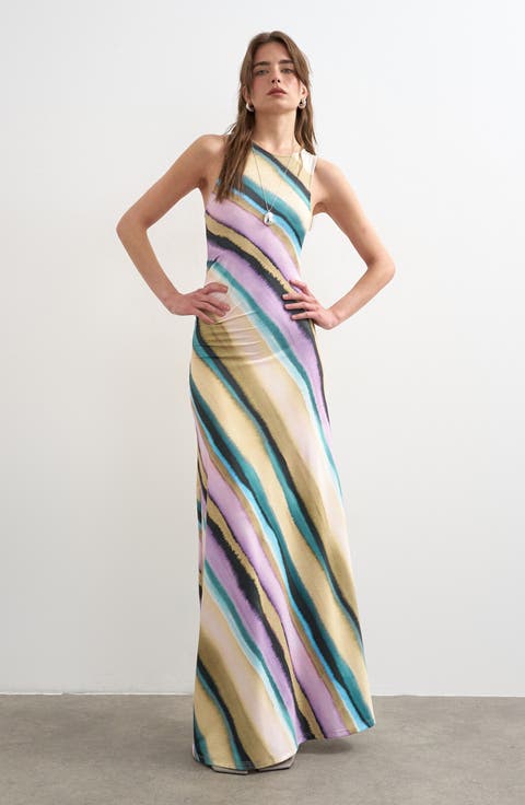 Ruched Stripe Sleeveless Maxi Dress