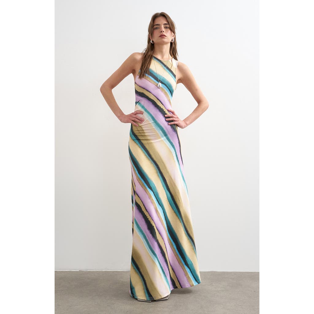Topshop Ruched Stripe Sleeveless Maxi Dress in Lilac at Nordstrom, Size Medium