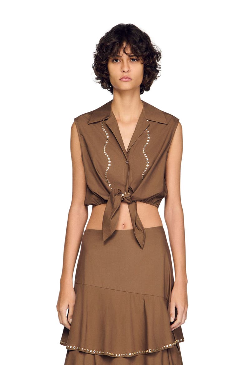 Rhinestone cropped shirt, Main, color, Brown