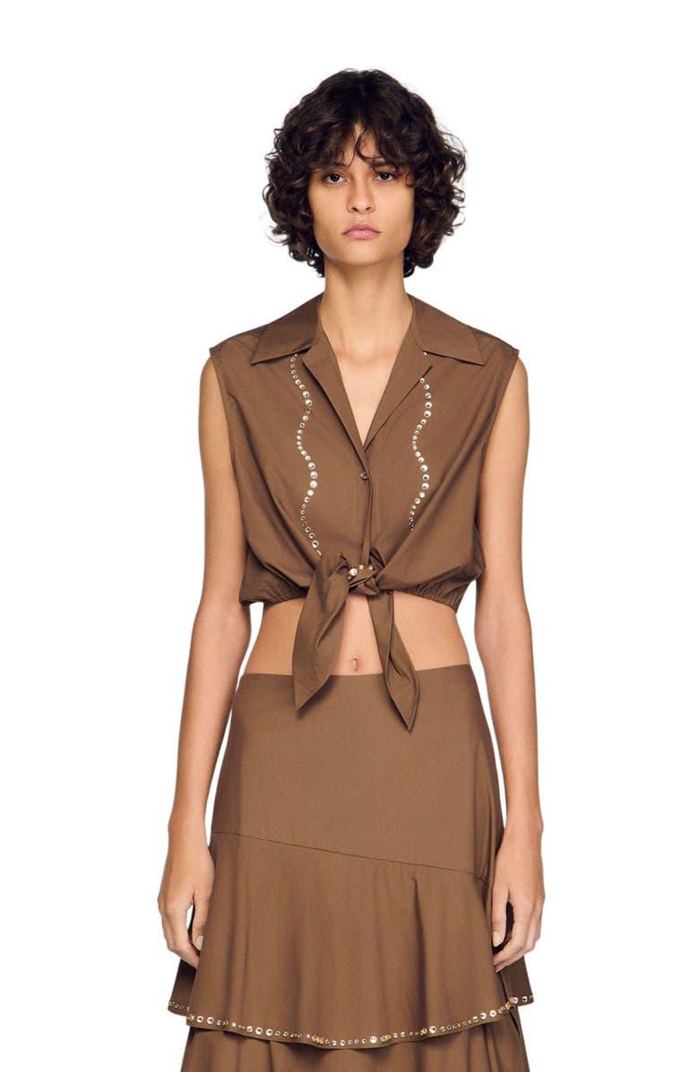 SANDRO Rhinestone cropped shirt, Main, color, Brown