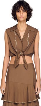 SANDRO Rhinestone cropped shirt