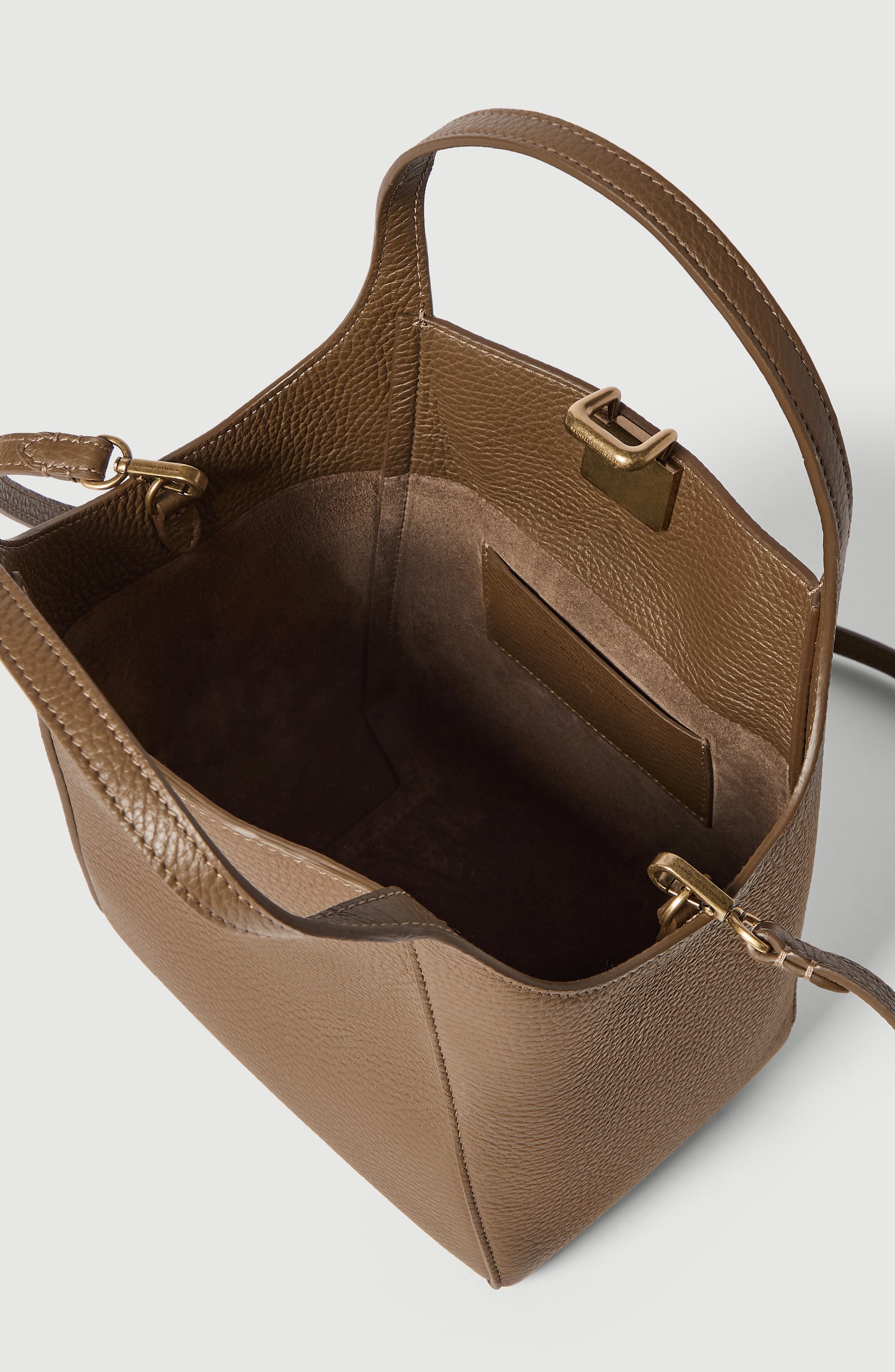 Sartorial small bucket bag in soft grained leather, Alternate, color, Mud