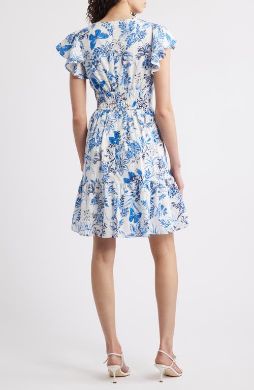 Eliza J Petite Floral Flutter-sleeve Smocked-waist Dress In Iye Blue/white Multi