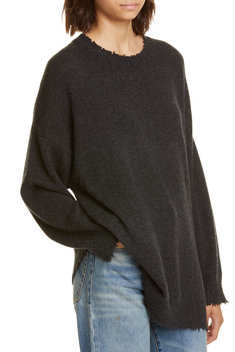 Distressed Cashmere Boyfriend Sweater, Alternate, color, CHARCOAL